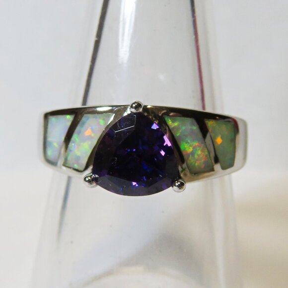 Silver Ring Size 7 White Lab Fire Opal Inlay 6mm * 6mm Amethyst New Old Stock - Picture 2 of 10